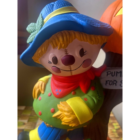 Vintage Scarecrow Figurine Pumpkin Sign Crow Halloween Decor Fall - Picture 2 of 10